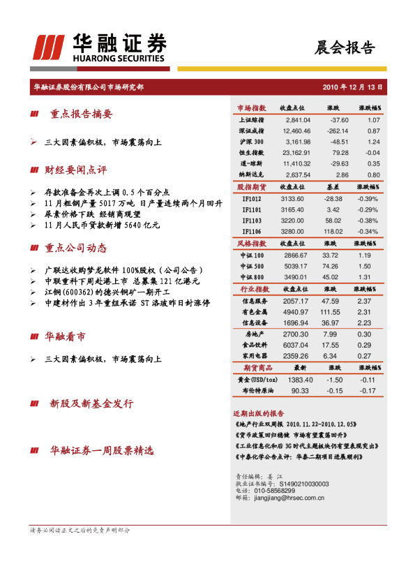 华融证券晨会报告