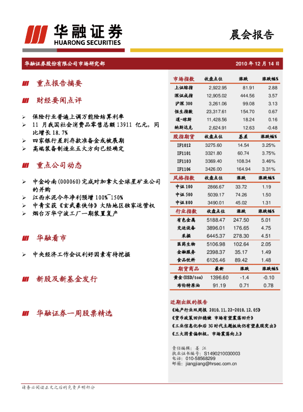 华融证券晨会报告