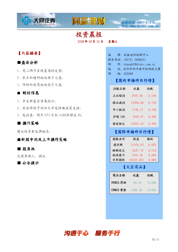 大同证券同赢安阳投资晨报