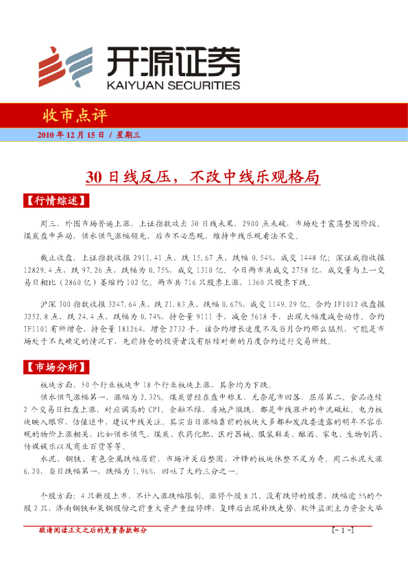 收市点评：30日线反压,不改中线乐观格局
