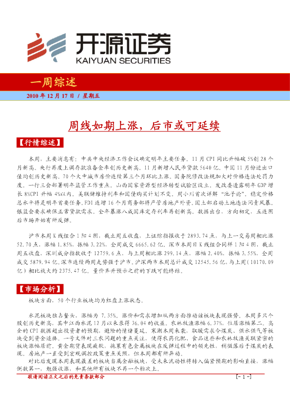 一周综述：周线如期上涨,后市或可延续