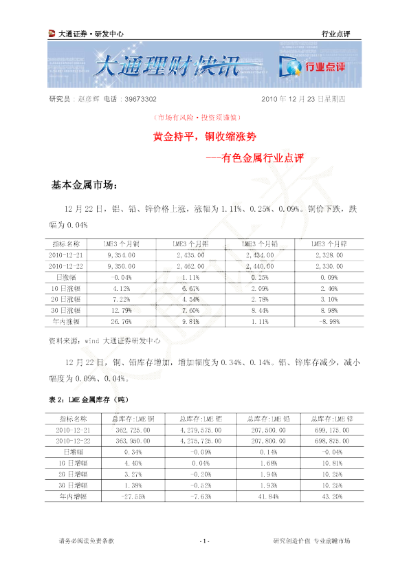 有色金属行业点评：黄金持平,铜收缩涨势