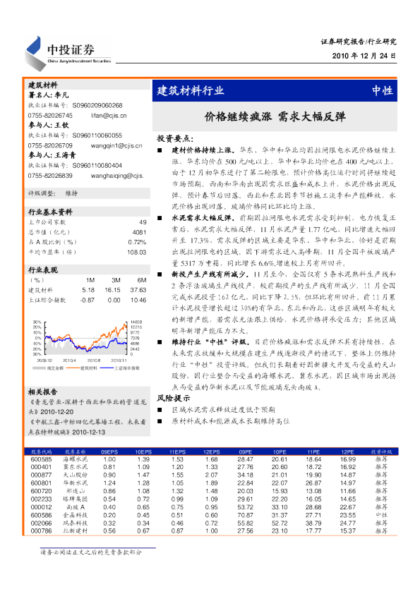 建筑材料行业：价格继续疯涨,需求大幅反弹