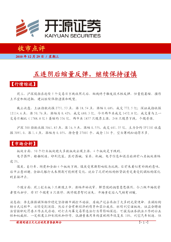 收市点评：五连阴后缩量反弹,继续保持谨慎