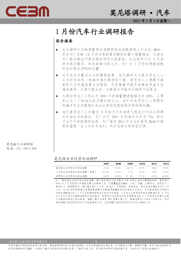 1月份汽车行业调研报告