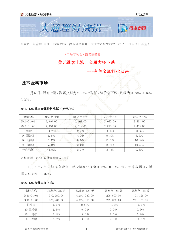 有色金属行业点评：美元继续上涨,金属大多下跌