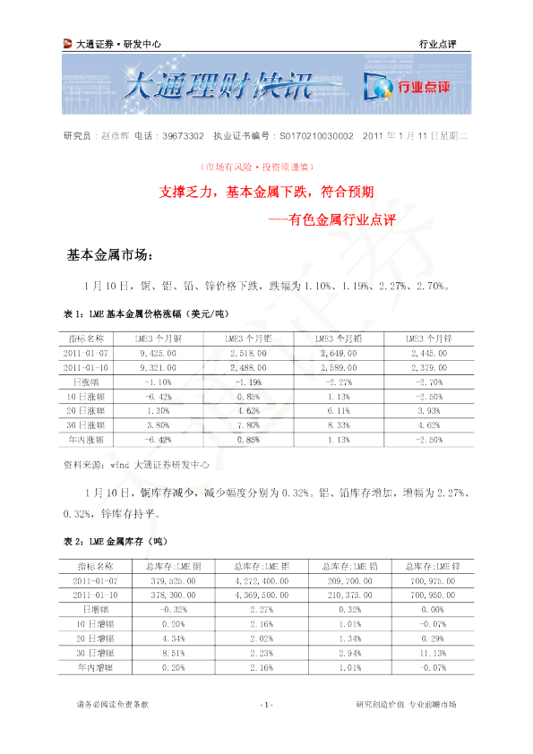 有色金属行业点评：支撑乏力,基本金属下跌,符合预期