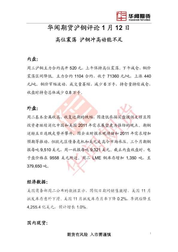 华闻期货沪铜评论：高位震荡,沪铜冲高动能不足