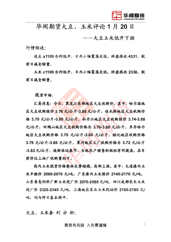 大豆、玉米评论：大豆玉米低开下挫