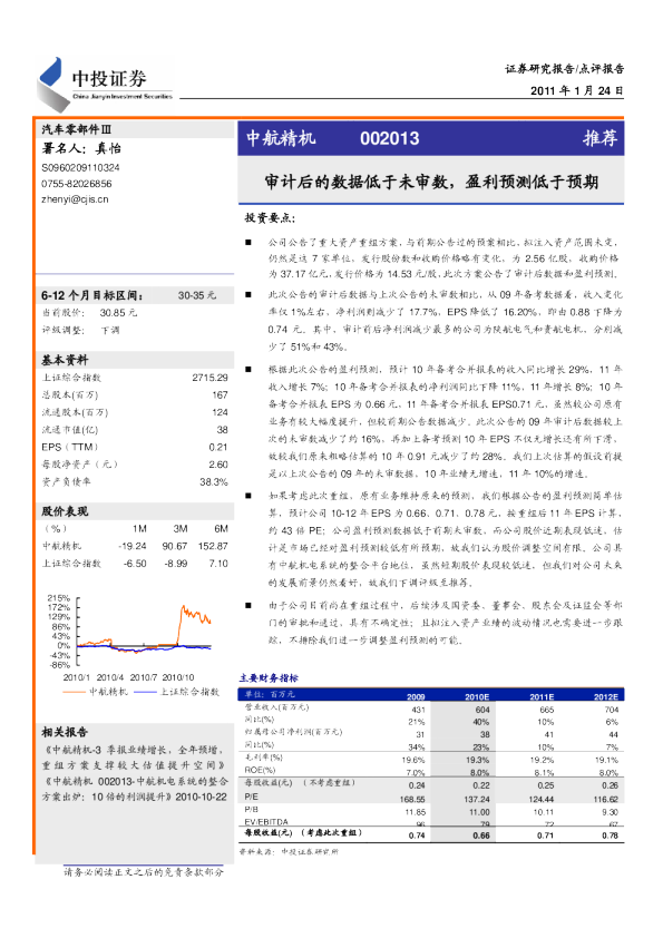 中航精机(002013)：审计后的数据低于未审数,盈利预测低于预期