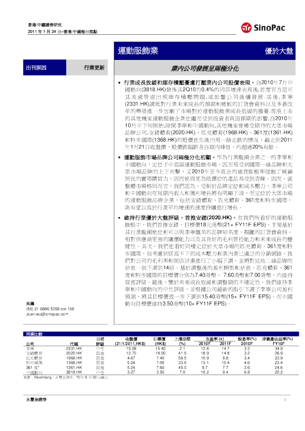 运动服饰业：业内公司发展呈两极分化
