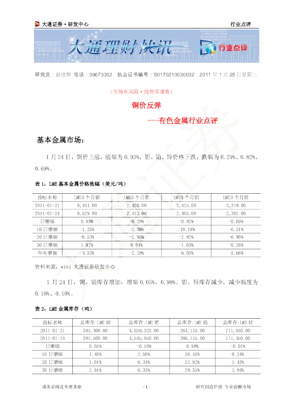 有色金属行业点评：铜价反弹