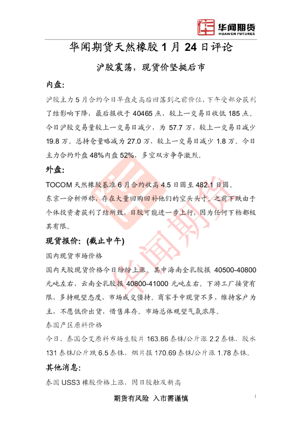 天然橡胶1月24日评论：沪胶震荡,现货价坚挺后市