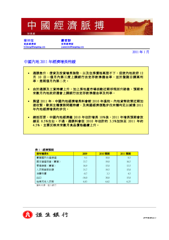 恒生银行中国经济脉搏