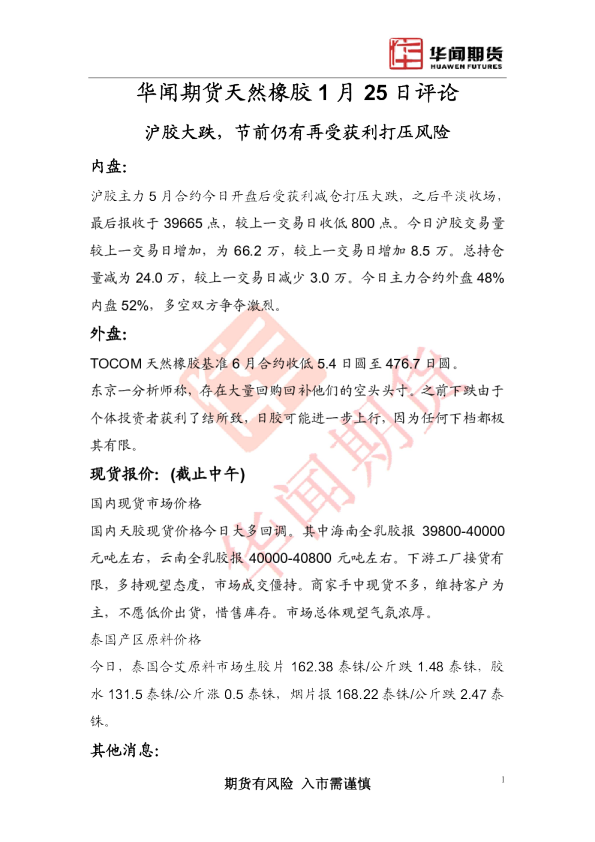 天然橡胶：沪胶大跌,节前仍有再受获利打压风险