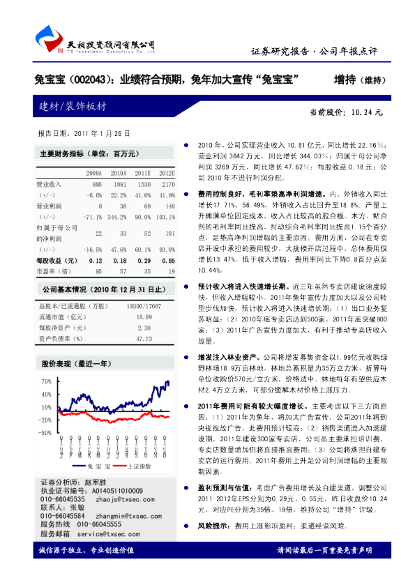 业绩符合预期，兔年加大宣传“兔宝宝(002043)”