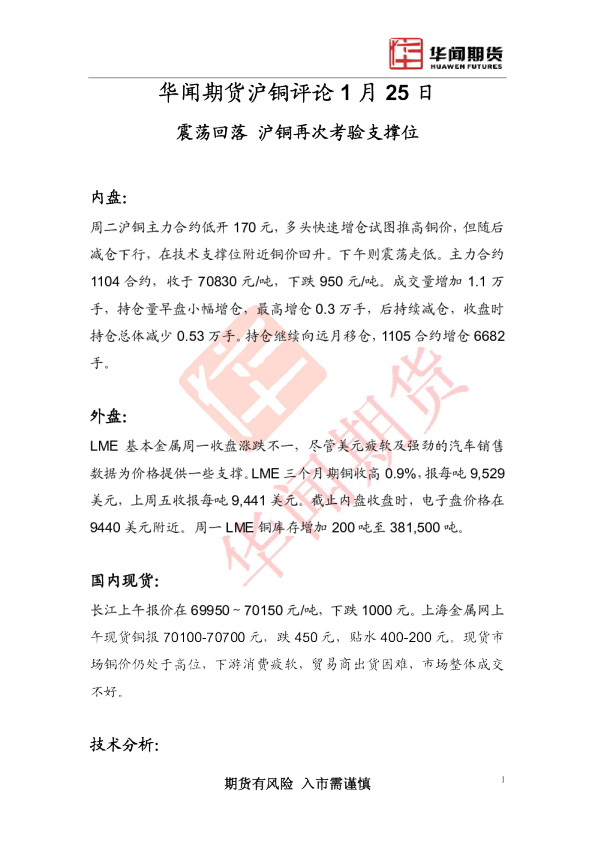 沪铜评论：震荡回落,沪铜再次考验支撑位