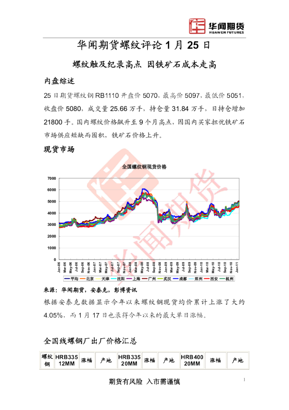 螺纹评论：螺纹触及纪录高点,因铁矿石成本走高