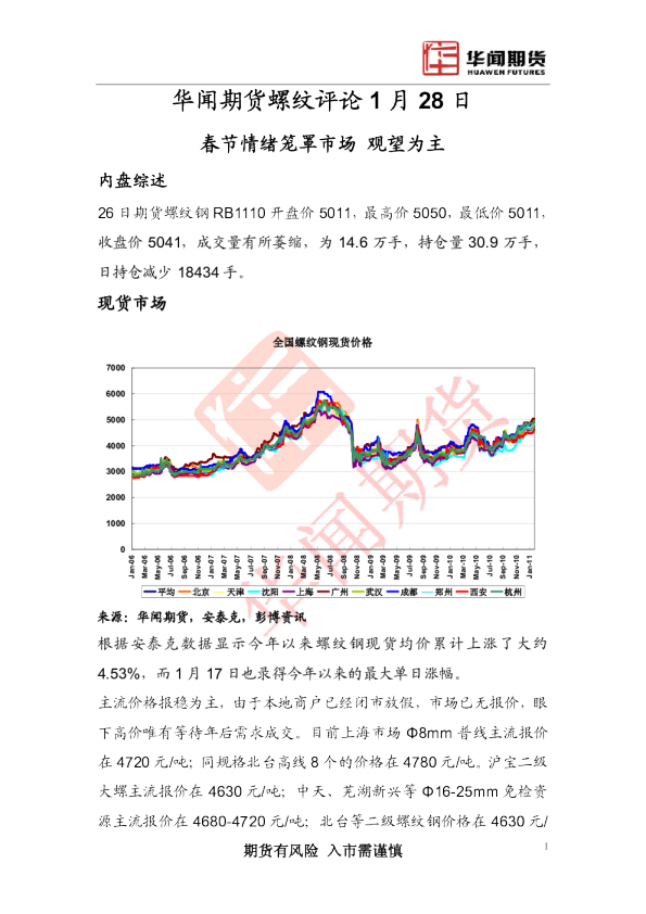 华闻期货螺纹评论：春节情绪笼罩市场,观望为主