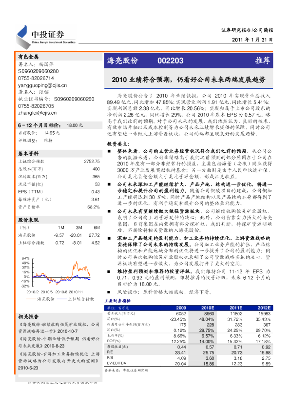 2010业绩符合预期,仍看好公司未来两端发展趋势