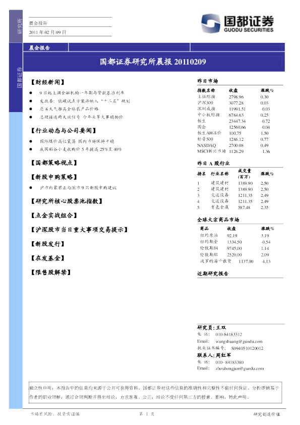 国都证券研究所晨报