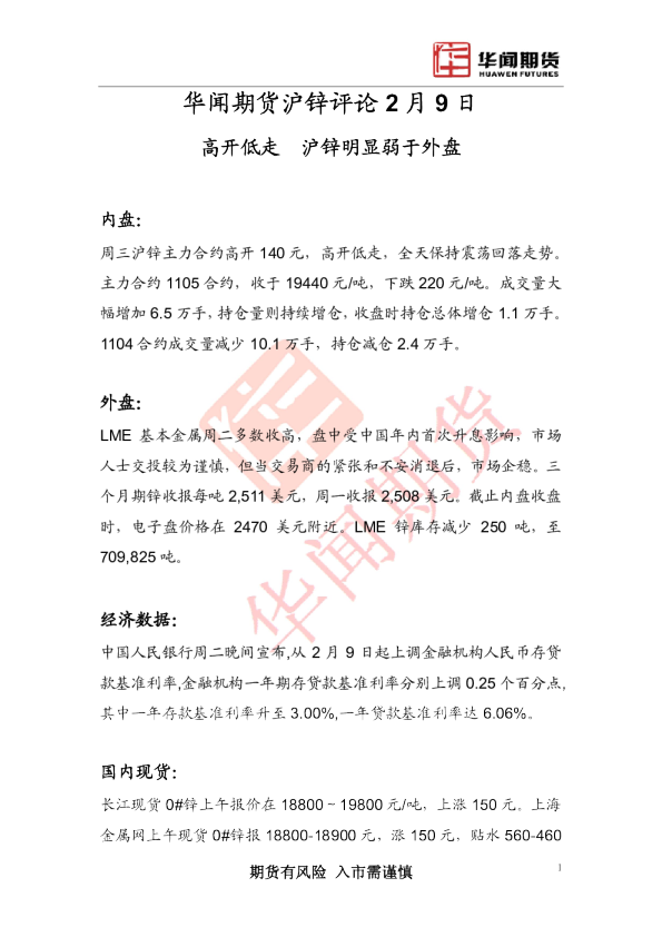 华闻期货沪锌评论2月9日：高开低走,沪锌明显弱于外盘