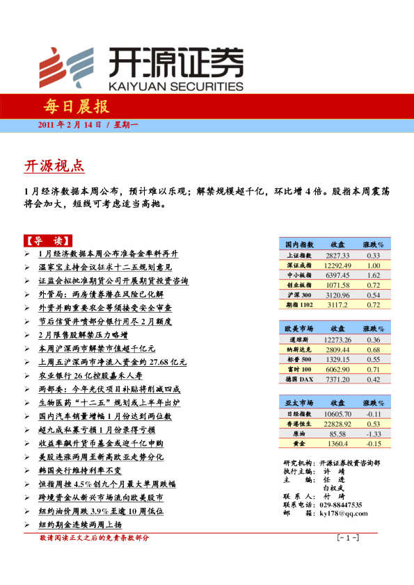 开源证券每日晨报
