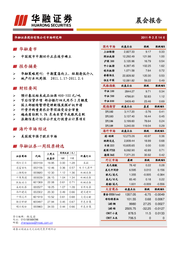 华融证券晨会报告