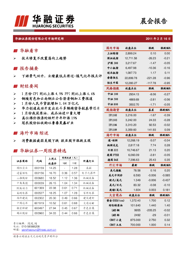 华融证券晨会报告