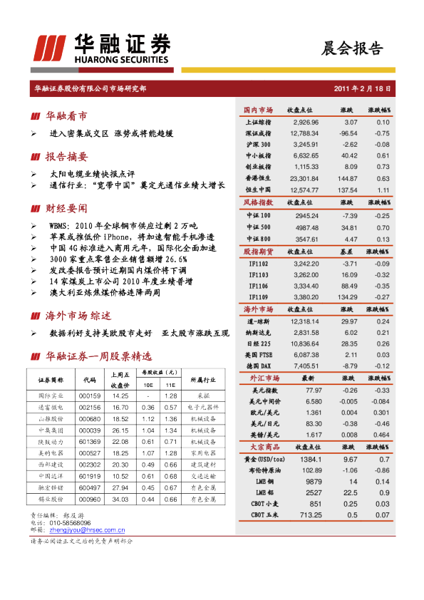 华融证券晨会报告