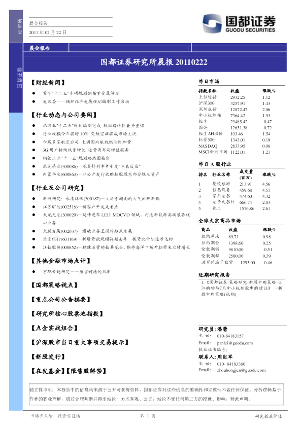国都证券研究所晨报