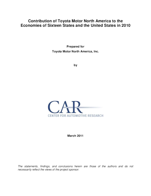 丰田汽车北美分公司对2010年十六个州及美国经济的贡献