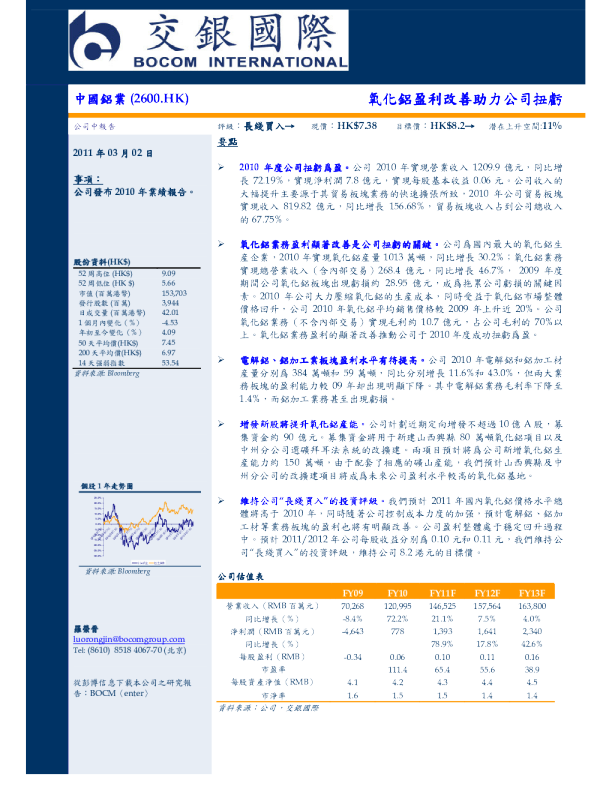 氧化铝盈利改善助力公司扭亏