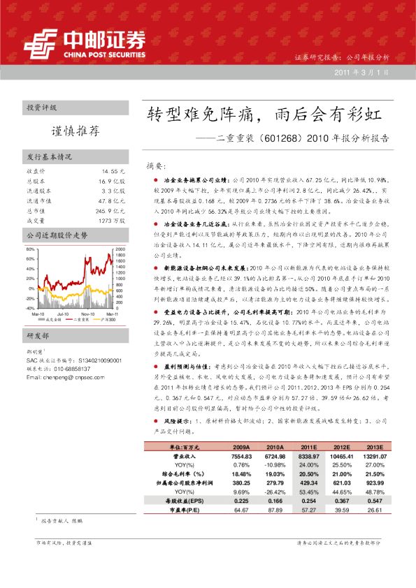 二重重装(601268)2010年报分析报告：转型难免阵痛，雨后会有彩虹