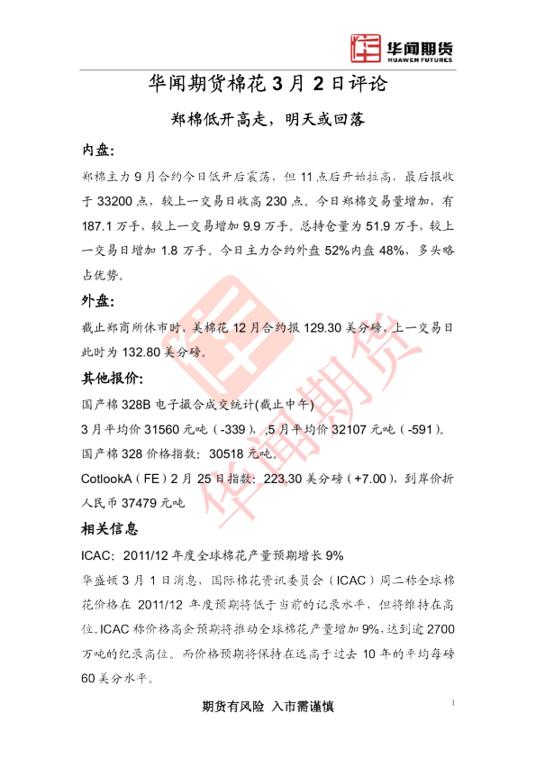 棉花评论：郑棉低开高走,明天或回落