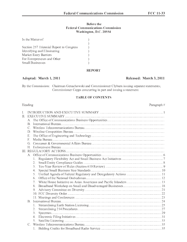 Section 257 Triennial Report to Congress (March 3, 2011)