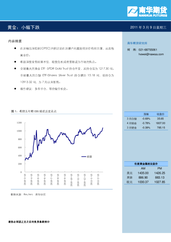 黄金：小幅下跌