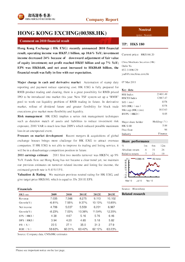 香港交易所2010年度业绩点评