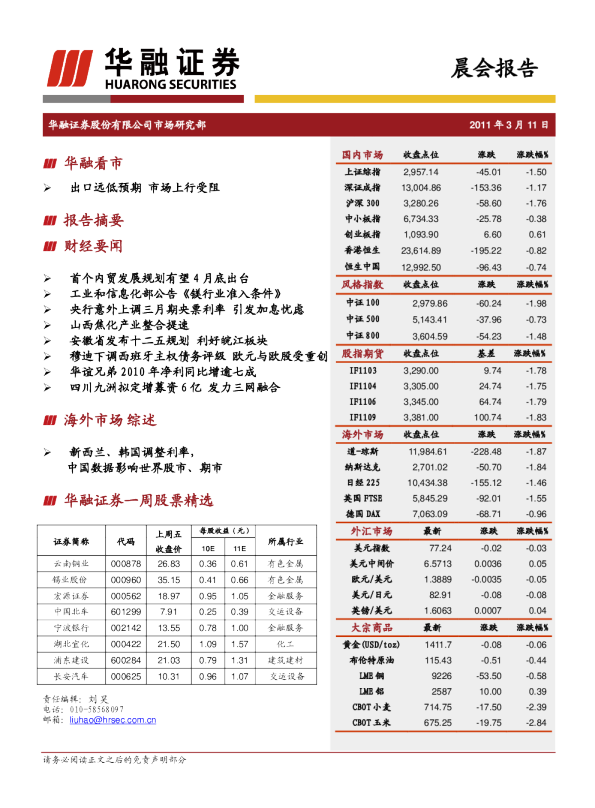 华融证券晨会报告