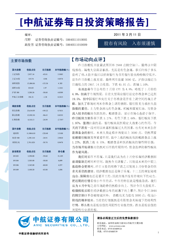 中航证券每日投资策略报告