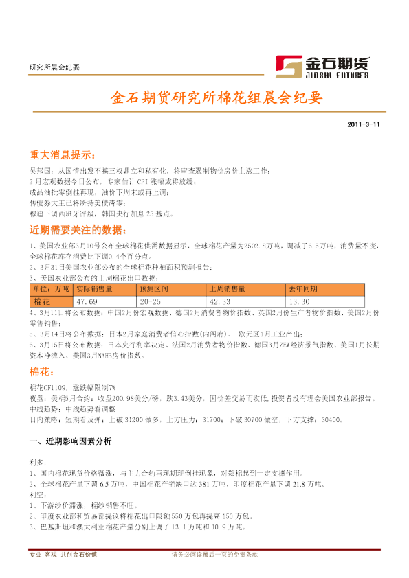 金石期货研究所棉花组晨会纪要