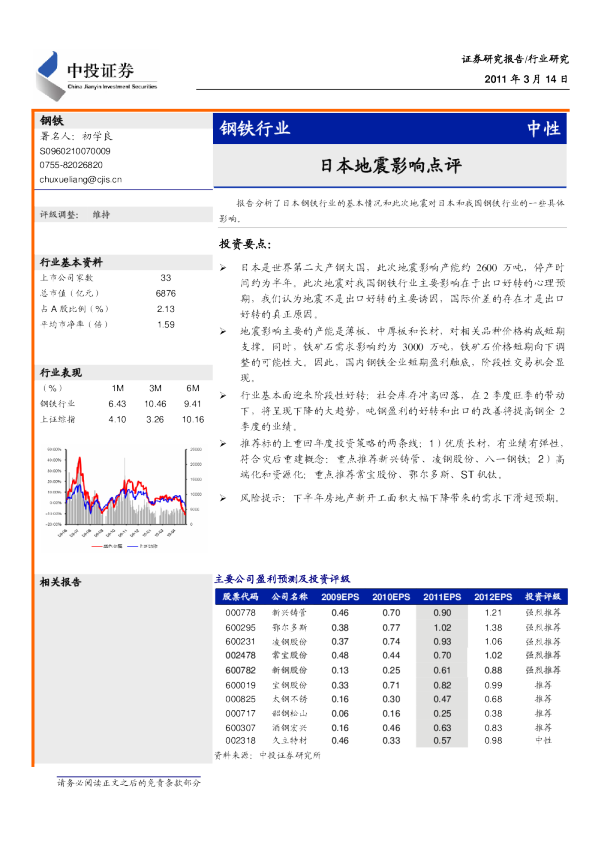 钢铁行业：地震影响点评