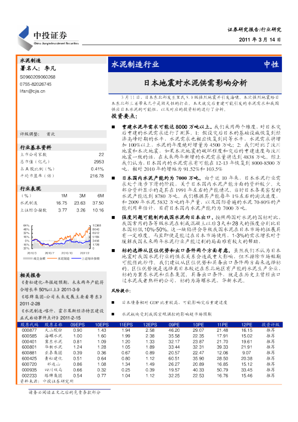 建材行业：地震对水泥供需影响分析