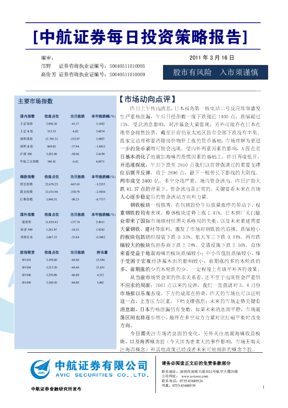 中航证券每日投资策略报告