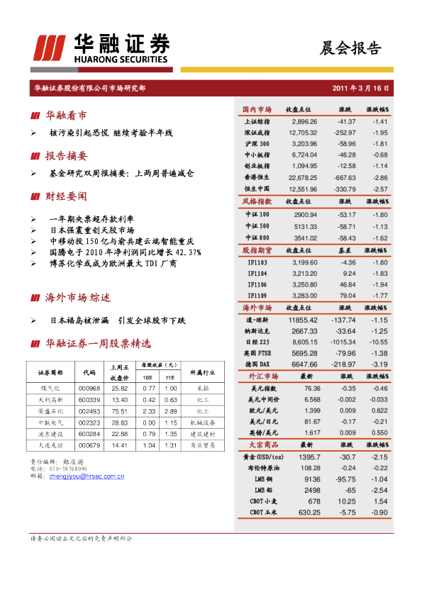华融证券晨会报告