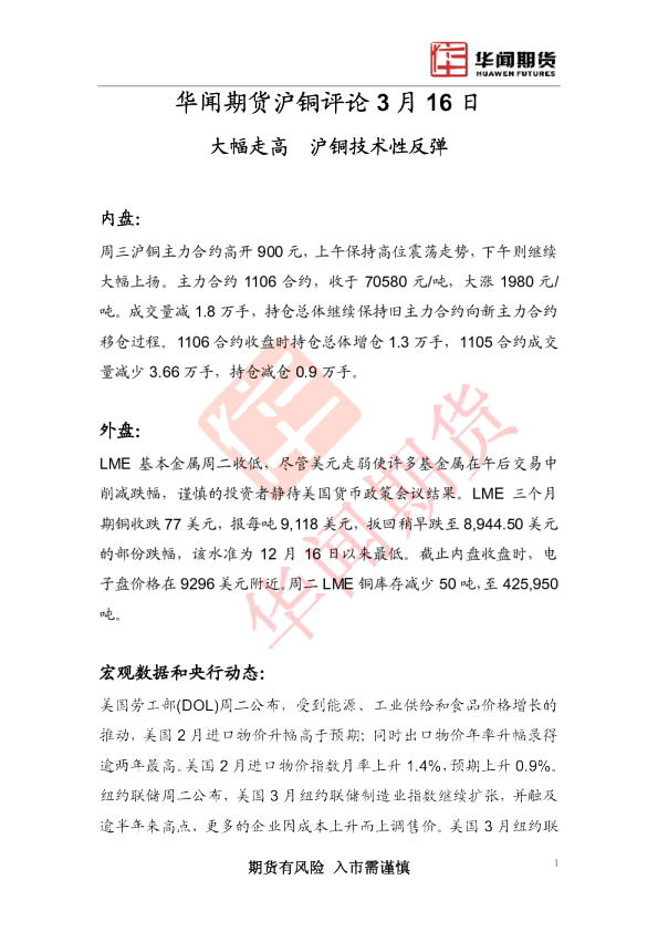 沪铜评论：大幅走高,沪铜技术性反弹