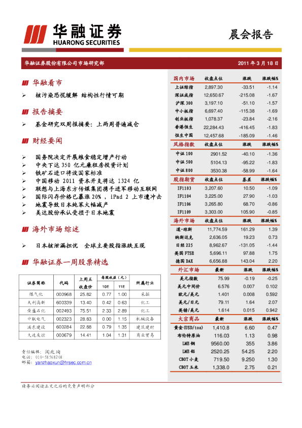 华融证券晨会报告