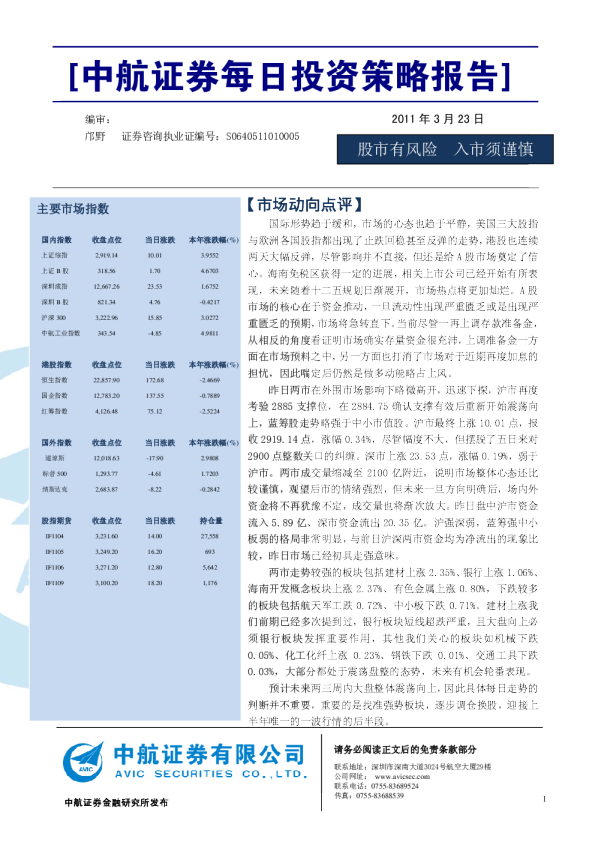 中航证券每日投资策略报告