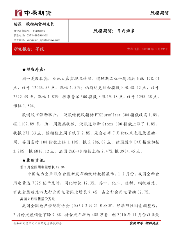 股指期货：日内短多