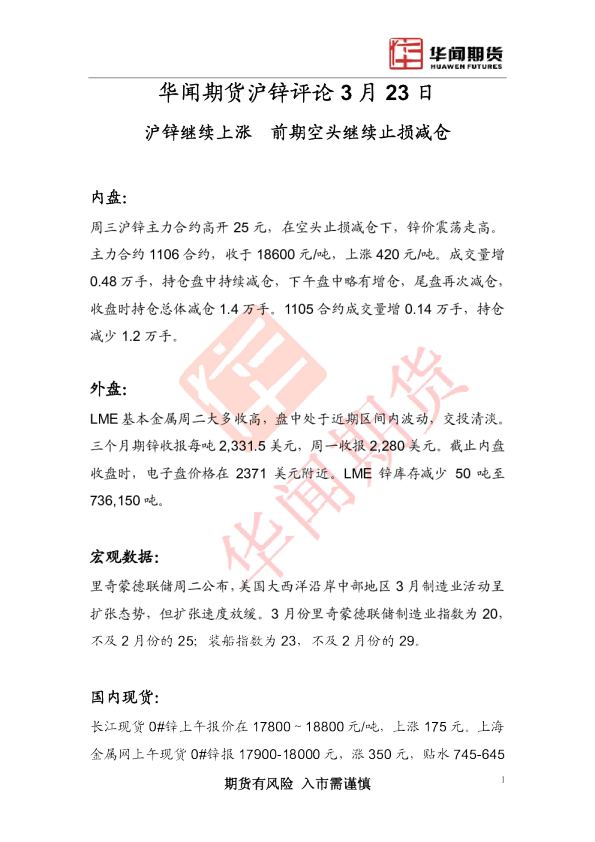 沪锌评论：沪锌继续上涨,前期空头继续止损减仓